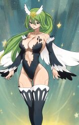 Rule 34 | 1girl, bare shoulders, breasts, center opening, cleavage, collarbone, colorized, detached sleeves, eden&#039;s zero, gaston18, green eyes, green hair, highres, large breasts, long hair, mashima hiro, matching hair/eyes, navel, ponytail, revealing clothes, solo, thighhighs, witch (eden&#039;s zero)