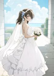 Rule 34 | 1girl, alternate costume, bare shoulders, bouquet, breasts, brown eyes, dress, flower, from side, hairband, highres, holding, holding bouquet, kantai collection, looking at viewer, looking to the side, magatama, nito (nshtntr), ryuujou (kancolle), sleeveless, sleeveless dress, small breasts, solo, strapless, strapless dress, twintails, wedding dress, white dress, white hairband