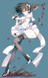 Rule 34 | 1girl, absurdres, action, axe, black eyes, black hair, black pantyhose, blue background, breasts, chromatic aberration, closed mouth, clothes lift, commentary, dress, earrings, expressionless, flower, full body, gloves, hair between eyes, hair flower, hair ornament, high heels, highres, jewelry, leg up, looking at viewer, medium hair, motion blur, original, pantyhose, petals, puffy sleeves, rumoon, short dress, short sleeves, simple background, single glove, skirt, skirt lift, small breasts, solo, thigh strap, tsurime, white dress, white footwear, white gloves