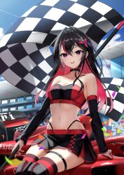 Rule 34 | 1girl, absurdres, azki (hololive), black choker, black hair, boots, breasts, car, checkered flag, choker, colored inner hair, confetti, detached sleeves, flag, formula racer, highres, hololive, long hair, medium breasts, midriff, miniskirt, motor vehicle, multicolored hair, navel, pink hair, purple eyes, race queen, race vehicle, racecar, red nails, sitting on car, skirt, telu (teluscarlet), thigh boots, thigh strap, virtual youtuber