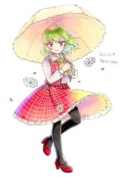 Rule 34 | 1girl, ascot, black pantyhose, blush, closed mouth, collared shirt, commentary request, dated, flat chest, flower, frilled skirt, frills, full body, green hair, holding, holding umbrella, kazami yuuka, long sleeves, looking at viewer, one-hour drawing challenge, pantyhose, parasol, plaid, plaid skirt, plaid vest, proton, red eyes, red footwear, red skirt, red vest, shirt, shoes, short hair, simple background, skirt, skirt set, smile, solo, touhou, twitter username, umbrella, vest, white background, white flower, white shirt, yellow ascot, yellow umbrella