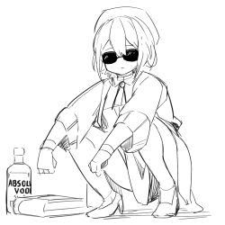 Rule 34 | 1girl, alcohol, beret, book, bottle, greenopi, greyscale, hat, high heels, indie virtual youtuber, long skirt, long sleeves, looking at viewer, monochrome, office lady, short hair, sketch, skirt, slav squatting, solo, squatting, sunglasses, terumi koizumi, virtual youtuber, vodka, white background