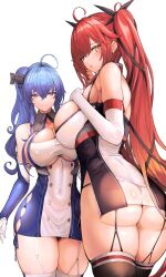 Rule 34 | 2girls, ass, azur lane, bare shoulders, black ribbon, blush, breasts, cameltoe, dress, elbow gloves, garter straps, gloves, hair between eyes, hair ornament, hair ribbon, highres, honolulu (azur lane), large breasts, long hair, looking at viewer, micro panties, multiple girls, off-shoulder dress, off shoulder, panties, parted lips, purple eyes, red eyes, red hair, revision, ribbon, see-through, side ponytail, sidelocks, st. louis (azur lane), thick thighs, thighhighs, thighs, thong, twintails, underwear, very long hair, yusha m