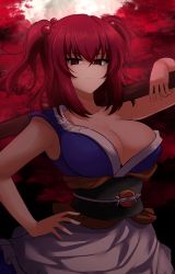 Rule 34 | 1girl, absurdres, adapted costume, aikir (jml5160), breasts, cleavage, closed mouth, cowboy shot, hair between eyes, hair bobbles, hair ornament, hand on own hip, highres, holding, holding scythe, large breasts, long hair, looking at viewer, onozuka komachi, red eyes, red hair, scythe, serious, simple background, solo, touhou, two side up