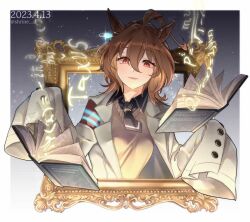 Rule 34 | 1girl, agnes tachyon (umamusume), ahoge, animal ears, black necktie, book, border, brown hair, calculus, coat, collared shirt, commentary request, dated, earrings, floating, floating book, floating object, horse ears, horse girl, jewelry, lab coat, looking at viewer, math, necktie, open clothes, open coat, parted lips, physics, picture frame, red eyes, shirin (tsukimiyagura), shirt, short hair, single earring, sleeves past fingers, sleeves past wrists, solo, star (symbol), starry background, sweater vest, twitter username, umamusume, white border, white coat, yellow sweater vest