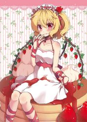 Rule 34 | 1girl, :q, alternate headwear, arm ribbon, bare arms, bare shoulders, beni kurage, blonde hair, blush, collarbone, commentary request, dress, feet out of frame, flandre scarlet, food, fruit, hair between eyes, hairband, halter dress, halterneck, hand to own mouth, highres, in food, looking at viewer, pancake, red eyes, red ribbon, red sash, ribbon, sash, short hair, side ponytail, sitting, smile, solo, strawberry, striped, striped background, syrup, tongue, tongue out, touhou, vertical stripes, whipped cream, white background, white dress, wings