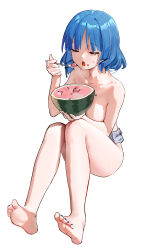 Rule 34 | 1girl, absurdres, asymmetrical bangs, asymmetrical sidelocks, bare arms, bare shoulders, barefoot, blue hair, blue nails, bocchi the rock!, closed eyes, collarbone, commentary request, eating, food, food on face, fruit, full body, grey shorts, hair ornament, hairclip, hand up, highres, holding, holding food, holding fruit, holding spoon, knees together feet apart, knees up, liwen520, micro shorts, mole, mole under eye, nail polish, open mouth, short hair, shorts, simple background, sitting, soles, solo, spoon, thighs, toenail polish, toenails, toes, topless, watermelon, white background, yamada ryo