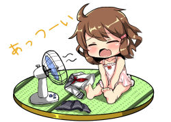 Rule 34 | 10s, 1girl, ahoge, anchor symbol, barefoot, black skirt, brown hair, chemise, chibi, closed eyes, clothes on floor, commentary, electric fan, fang, full body, hair ornament, hairclip, ikazuchi (kancolle), kantai collection, neckerchief, open mouth, oshiruko (uminekotei), pleated skirt, ribbon-trimmed clothes, ribbon trim, school uniform, serafuku, short hair, simple background, sitting, skin fang, skirt, solo, white background