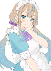 Rule 34 | 1girl, absurdres, apron, aqua dress, aqua hair, blue eyes, blush, bow, bowtie, brown hair, closed mouth, commentary request, dress, gradient hair, hair bobbles, hair ornament, hamunezuko (nezukonezu32), hand on own cheek, hand on own face, highres, jelee-chan, long hair, looking at viewer, low twintails, maid, maid apron, maid headdress, multicolored hair, puffy nipples, purple bow, purple bowtie, simple background, smile, solo, streaked hair, twintails, umituki yoru, upper body, white background, white headdress, yoru no kurage wa oyogenai