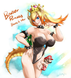 Rule 34 | 1boy, 1girl, adapted costume, aqua eyes, argyle, argyle clothes, argyle cutout, armlet, bare shoulders, barefoot, black collar, black one-piece swimsuit, blonde hair, borrowed design, bowsette, bracelet, breasts, broad shoulders, brown hair, casual one-piece swimsuit, character name, chibi, cleavage, clothing cutout, collar, collarbone, colored eyelashes, commentary request, crown, day, evil grin, evil smile, eyelashes, eyes visible through hair, facial hair, fang, fang out, fingernails, gradient hair, grin, hair between eyes, hand on another&#039;s thigh, hat, highres, horns, jewelry, large breasts, lips, lolita majin, long fingernails, looking at viewer, male swimwear, mario, mario (series), mini person, miniboy, multicolored hair, mustache, nail polish, navel, navel cutout, new super mario bros. u deluxe, nintendo, nose, one-piece swimsuit, orange hair, outdoors, parted bangs, polka dot, polka dot male swimwear, polka dot swimsuit, ponytail, print male swimwear, red hat, red male swimwear, red swim trunks, sharp fingernails, sharp teeth, single letter, smile, solid oval eyes, spiked armlet, spiked bracelet, spiked collar, spiked shell, spikes, strapless, strapless one-piece swimsuit, super crown, swim trunks, swimsuit, tail, teeth, topless male, turtle shell, yellow nails