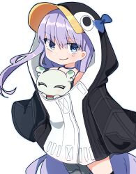 Rule 34 | 1girl, 1other, :q, absurdly long hair, animal hood, arms at sides, bikini, bikini under clothes, black jacket, blue choker, blue eyes, chibi, choker, fate/grand order, fate (series), hood, hooded jacket, jacket, con (fate), light blush, long hair, looking at viewer, meltryllis, meltryllis (fate), meltryllis (swimsuit lancer) (fate), meltryllis (swimsuit lancer) (first ascension) (fate), multicolored clothes, multicolored jacket, penguin hood, purple hair, rabiiandrain, simple background, sleeves past fingers, sleeves past wrists, swimsuit, tongue, tongue out, two-tone jacket, very long hair, white background, white jacket