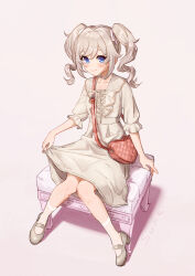 Rule 34 | 1girl, alternate costume, alternate hair color, bag, barbara (genshin impact), blue eyes, casual, collarbone, commentary request, contemporary, dress, drill hair, frilled dress, frills, genshin impact, grey dress, grey hair, hair between eyes, handbag, heart-shaped bag, highres, knees together feet apart, long hair, looking at viewer, mary janes, shoes, short sleeves, sidelocks, simple background, sitting, solo, suke, twin drills, twintails