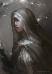 Rule 34 | 1girl, artist name, cloak, commentary, dark souls (series), dark souls iii, grey background, grey eyes, high collar, highres, hood, jlien-, light particles, lips, looking away, nose, nun, one eye covered, parted lips, short hair, sister friede, solo, traditional nun, upper body