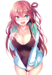 Rule 34 | 1girl, angry, black one-piece swimsuit, blush, breasts, brown hair, cleavage, collarbone, cowboy shot, d:, d:&lt;, green eyes, hair bobbles, hair ornament, hand on own chest, haruka natsuki, hood, hooded track jacket, jacket, large breasts, long hair, looking at viewer, nose blush, one-piece swimsuit, one side up, open mouth, original, school swimsuit, simple background, solo, swimsuit, teeth, track jacket, unzipped, v-shaped eyebrows, white background