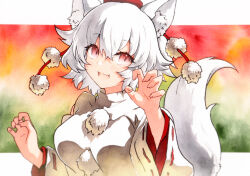 Rule 34 | 1girl, :d, animal ear fluff, animal ears, fang, hands up, hat, highres, inubashiri momiji, long sleeves, looking at viewer, open mouth, qqqrinkappp, red eyes, red hat, ribbon-trimmed sleeves, ribbon trim, shirt, short hair, smile, solo, tail, tokin hat, touhou, upper body, white hair, white shirt, wolf ears, wolf tail