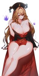 Rule 34 | 1girl, absurdres, bare shoulders, black dress, black eyeliner, blonde hair, breasts, chinese clothes, cleavage, collarbone, dress, eyelashes, eyeliner, fingernails, fire, hair between eyes, hat, hat iue, highres, huge breasts, junko (touhou), legacy of lunatic kingdom, long hair, long sleeves, looking at viewer, makeup, nail polish, phoenix crown, phoenix print, red eyes, red nails, red tabard, sharp fingernails, shiny skin, sidelocks, simple background, sitting, smile, solo, tabard, thick thighs, thighs, touhou, very long hair, will-o&#039;-the-wisp (mythology)