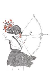 Rule 34 | 1girl, arrow (projectile), black hair, bow (weapon), ceruleanwax, collared shirt, covered face, drawing bow, flower, highres, holding, holding bow (weapon), holding weapon, leaf, limited palette, medium hair, original, quiver, red flower, shirt, short sleeves, simple background, skirt, solo, weapon, white background, white shirt