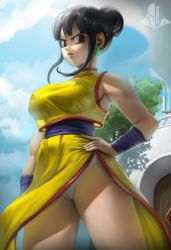 Rule 34 | 1girl, absurdres, black hair, cameltoe, chi-chi (dragon ball), chinese clothes, cleft of venus, cloud, dragon ball, dragonball z, earrings, elite nappa, hand on own hip, highres, house, jewelry, outdoors, panties, sky, tree, underwear, wristband