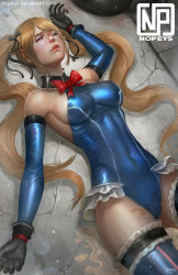 Rule 34 | 1girl, artist logo, bare shoulders, black ribbon, blonde hair, blue thighhighs, breasts, covered navel, dead or alive, dead or alive 5, detached sleeves, deviantart username, closed eyes, frilled leotard, frills, gloves, hair ribbon, leotard, long hair, lying, marie rose, nopeys, on back, peeing, peeing self, ribbon, signature, skin tight, small breasts, solo, tears, tecmo, thighhighs, twintails