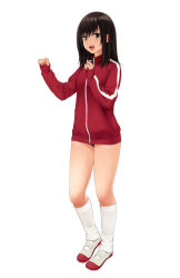 Rule 34 | 1girl, :d, black hair, breasts, brown eyes, commentary request, full body, highres, jacket, kneehighs, long sleeves, looking away, nonaka ritsu, open mouth, original, red jacket, shoes, simple background, sleeves past wrists, small breasts, smile, socks, solo, standing, teeth, track jacket, upper teeth only, uwabaki, white background, white footwear, white socks