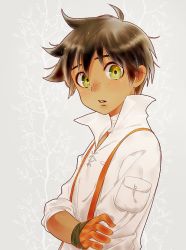 Rule 34 | 1boy, artist request, bad id, bad twitter id, bandaged neck, bandages, brown hair, commentary, freckles, green eyes, grey background, male focus, oscar pine, pocket, rwby, shirt, simple background, solo, suspenders, white shirt