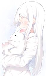 Rule 34 | 1girl, absurdres, animal, closed eyes, commentary request, from side, highres, holding, holding animal, long hair, long sleeves, original, otokuyou, profile, rabbit, shirt, sidelocks, simple background, sleeves past fingers, sleeves past wrists, very long hair, white background, white hair, white shirt