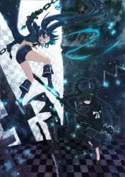 Rule 34 | 10s, 2girls, black rock shooter, black rock shooter (character), blue hair, chain, checkered floor, claws, cross, dead master, green hair, highres, horns, light particles, multiple girls, pinfan, sword, weapon