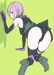 Rule 34 | 1girl, all fours, armor, ass, elbow gloves, fate/grand order, fate (series), gloves, looking back, mash kyrielight, panties, purple eyes, purple hair, short hair, solo, thighhighs, underwear, utu (ldnsft)