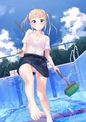 Rule 34 | &gt;:), 1girl, artist name, barefoot, blonde hair, blue eyes, blue sky, bra visible through clothes, breasts, buttons, cloud, day, empty pool, feet, fence, foot focus, highres, hitogata ningen, holding, holding hose, hose, long hair, looking at viewer, medium breasts, mop, original, outdoors, panties, pantyshot, partially unbuttoned, pleated skirt, pool, pool ladder, school uniform, see-through, shirt, short sleeves, sidelocks, signature, skirt, sky, smile, solo, standing, standing on one leg, toes, twintails, underwear, v-shaped eyebrows, water, water drop, wet, wet clothes, wet shirt, white panties, white shirt, wing collar