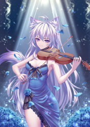 Rule 34 | 1girl, absurdres, animal ears, antenna hair, asymmetrical clothes, blue dress, blurry, breasts, cleavage, closed mouth, cowboy shot, dress, fox ears, fox girl, fox tail, hair between eyes, highres, holding, holding instrument, holding violin, instrument, kirby d a, long hair, md5 mismatch, medium breasts, music, nail polish, original, playing instrument, purple eyes, resolution mismatch, sideboob, silver hair, sleeveless, sleeveless dress, smile, solo, source smaller, standing, tail, thigh gap, very long hair, violin