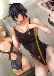 Rule 34 | 3girls, ass, black hair, breasts, cleavage, collarbone, competition swimsuit, contrapposto, dutch angle, jikihatiman, large breasts, legs together, looking back, medium hair, multiple girls, one-piece swimsuit, original, purple eyes, short hair, shoulder blades, standing, swimsuit