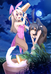 Rule 34 | 2girls, absurdres, animal ears, artist request, bare shoulders, black hair, blush, breasts, covered navel, detached collar, fake animal ears, fate/kaleid liner prisma illya, fate (series), fishnet pantyhose, fishnets, food, full moon, hair ornament, highres, illyasviel von einzbern, kine, leotard, long hair, looking at viewer, mallet, miyu edelfelt, mochi, mochitsuki, moon, multiple girls, night, official alternate costume, official art, open mouth, outdoors, pantyhose, playboy bunny, rabbit ears, rabbit tail, red eyes, small breasts, smile, strapless, strapless leotard, tail, teeth, wagashi, wrist cuffs, yellow eyes