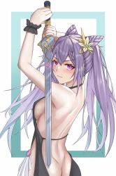 Rule 34 | 1girl, absurdres, arms up, ass, bare arms, bare back, bare shoulders, blush, breasts, butt crack, commentary request, cone hair bun, from behind, genshin impact, hair bun, halterneck, highres, holding, holding sword, holding weapon, keqing (genshin impact), long hair, medium breasts, purple eyes, purple hair, senamashiro, solo, sword, twintails, upper body, v-shaped eyebrows, weapon, white background, wrist cuffs