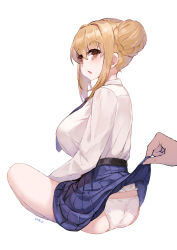 Rule 34 | 1girl, :o, artist name, ass, assisted exposure, blonde hair, blue skirt, braid, breasts, clothes lift, double bun, dress shirt, from behind, gao (gaolukchup), hair bun, highres, large breasts, looking at viewer, looking back, miniskirt, necktie, original, panties, pleated skirt, red eyes, school uniform, shirt, sitting, skirt, skirt lift, solo, solo focus, underwear, white background, white panties, white shirt