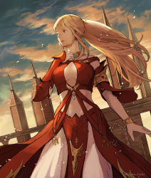 Rule 34 | 1girl, arm guards, asymmetrical clothes, blonde hair, blue eyes, breasts, breasts apart, center opening, detached sleeves, dress, earrings, final fantasy, final fantasy xiv, hyur, jewelry, long hair, looking to the side, lyse hext, medium breasts, muraicchi (momocchi), ponytail, red dress, solo