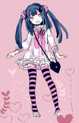 Rule 34 | 1girl, :d, bag, blue hair, dress, happy, legs, letterboxed, long hair, open mouth, original, pink background, pink eyes, smile, solo, striped clothes, striped thighhighs, tan (tangent), ted (artist), thighhighs, twintails, zettai ryouiki