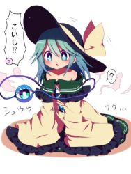 Rule 34 | 1girl, ?, age regression, bad id, bad twitter id, bow, child, eyeball, green eyes, green hair, hat, hat bow, hat ribbon, heart, heart of string, komeiji koishi, long sleeves, matching hair/eyes, open mouth, oversized clothes, ribbon, shirt, skirt, solo, spoken question mark, string, third eye, touhou, wide sleeves, you (noanoamoemoe), aged down