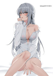 Rule 34 | 1girl, absurdres, blush, braid, breasts, covered erect nipples, grey eyes, grey hair, hair between eyes, highres, large breasts, liv: empyrea (punishing: gray raven), liv (punishing: gray raven), long hair, long sleeves, open clothes, open mouth, open shirt, punishing: gray raven, shirt, sidelocks, skaven gongcheng shushi, white background, white shirt