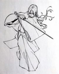 Rule 34 | 1girl, greyscale, hair between eyes, highres, holding, holding sword, holding weapon, japanese clothes, kimono, long hair, long sleeves, monochrome, original, parted lips, photo (medium), samurai, solo, standing, sword, traditional media, weapon, zero808w