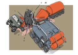 Rule 34 | armored vehicle, attack, broken glass, brown background, commentary request, cylinder (weapon), debris, drum (container), exhaust pipe, from above, gatling santouhei, glass, highres, liquid, motion lines, motor vehicle, no humans, original, shadow, trailer, truck, vehicle focus, wheel