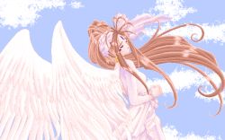 Rule 34 | 1girl, aa megami-sama, ahoge, backless outfit, belldandy, brown hair, cloud, day, dress, earrings, closed eyes, facial mark, forehead mark, jewelry, large wings, long hair, outdoors, own hands clasped, own hands together, pc-98 (style), pixel art, praying, sky, solo, source request, sparkle, very long hair, wings