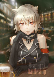 Rule 34 | 1girl, alcohol, bare shoulders, beer, beer mug, bismarck (warship girls r), black collar, black gloves, black jacket, blacksonata5, buttons, character name, closed mouth, collar, cross, cup, elbow gloves, elbow rest, elbows on table, gloves, head rest, iron cross, jacket, looking at viewer, military, military uniform, mug, red eyes, short hair, silver hair, solo, table, tassel, tavern, uniform, warship girls r