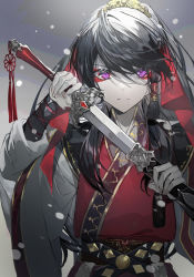 Rule 34 | 1girl, absurdres, black hair, closed mouth, crossdressing, hair ornament, highres, holding, holding sword, holding weapon, japanese clothes, kimono, long hair, long sleeves, looking at viewer, mura karuki, official art, original, purple eyes, red kimono, snow, solo, sword, weapon