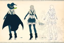 Rule 34 | 1girl, bad id, bad pixiv id, character sheet, from behind, grey hair, hat, mepo (raven0), multiple views, pixiv fantasia, pixiv fantasia fallen kings, short hair, sleepy (mepo), thighhighs, translation request, witch hat