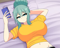 Rule 34 | 1girl, aqua eyes, aqua hair, arm behind head, asa midori, bed, breasts, closed mouth, hair bun, highres, huge breasts, looking at phone, lying, midriff, navel, on back, on bed, original, phone, pillow, short hair, solo, the only shoe