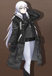 Rule 34 | 1girl, black coat, black footwear, black jacket, black scarf, brown background, closed mouth, coat, feet out of frame, girls&#039; frontline, grey eyes, hand in own hair, highres, jacket, jewelry, long hair, long sleeves, looking at viewer, mechanical arms, medallion, missileer, necklace, nyto (girls&#039; frontline), open clothes, open coat, pants, paradeus, scarf, smile, solo, standing, tareus (girls&#039; frontline), very long hair, white hair, white pants