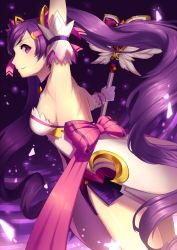 Rule 34 | 1girl, aisha landar, arm up, armpits, arms up, bad id, bad pixiv id, biahnyang, blush, bow, breasts, closed mouth, dimension witch (elsword), dress, elsword, gloves, highres, holding, holding staff, jewelry, long hair, looking at viewer, looking back, magical girl, medium breasts, neck, necklace, outstretched arms, pink bow, profile, purple eyes, purple hair, purple skirt, sideboob, skirt, smile, solo, staff, strapless, strapless dress, twintails, very long hair, white dress