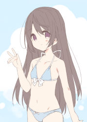 Rule 34 | 1girl, bare arms, bare shoulders, bikini, bikini day, blue background, blue bikini, blush stickers, bow, bow bikini, brown eyes, brown hair, closed mouth, collarbone, commentary request, flat chest, groin, hair between eyes, halterneck, hand up, light smile, long hair, meito (maze), navel, original, solo, swimsuit, two-tone background, very long hair, white background