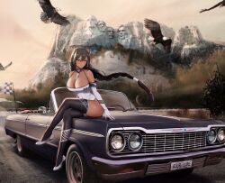 Rule 34 | 1girl, absurdres, alternate costume, azur lane, bald eagle, bird, black thighhighs, braid, braided ponytail, breasts, car, character name, checkered flag, chevrolet, chevrolet impala, cleavage, convertible, copyright name, crossed legs, dark-skinned female, dark skin, eagle, eagle union (emblem), elbow gloves, flag, full body, gloves, highleg, highleg leotard, highres, kcar66t, large breasts, leotard, license plate, long hair, looking at viewer, motor vehicle, mount rushmore, muscle car, product placement, race queen, real world location, road, sitting on car, south dakota (azur lane), thighhighs, third-party source, white leotard