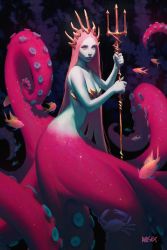 Rule 34 | 1girl, artstation username, bare arms, bare shoulders, breasts, closed mouth, commentary, crab, deviantart username, fish, gradient skin, highres, holding, instagram username, long hair, looking at viewer, manda schank, original, pink eyes, pink hair, polearm, solo, tentacles, trident, water, weapon